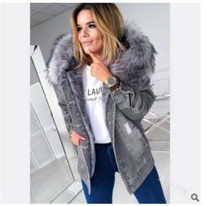 Women's Faux Fur Hooded Sherpa Lined Ripped Denim Jacket