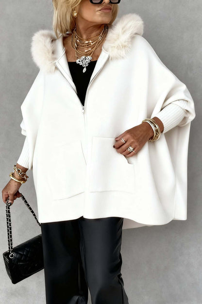 Oversized Faux Fur Hood Zip Up Knit Cardigan Pockets