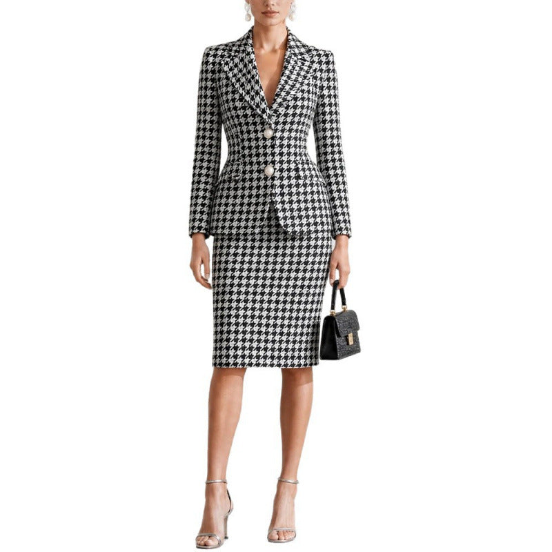 Elegant Houndstooth Blazer Midi Skirt 2 Piece Set