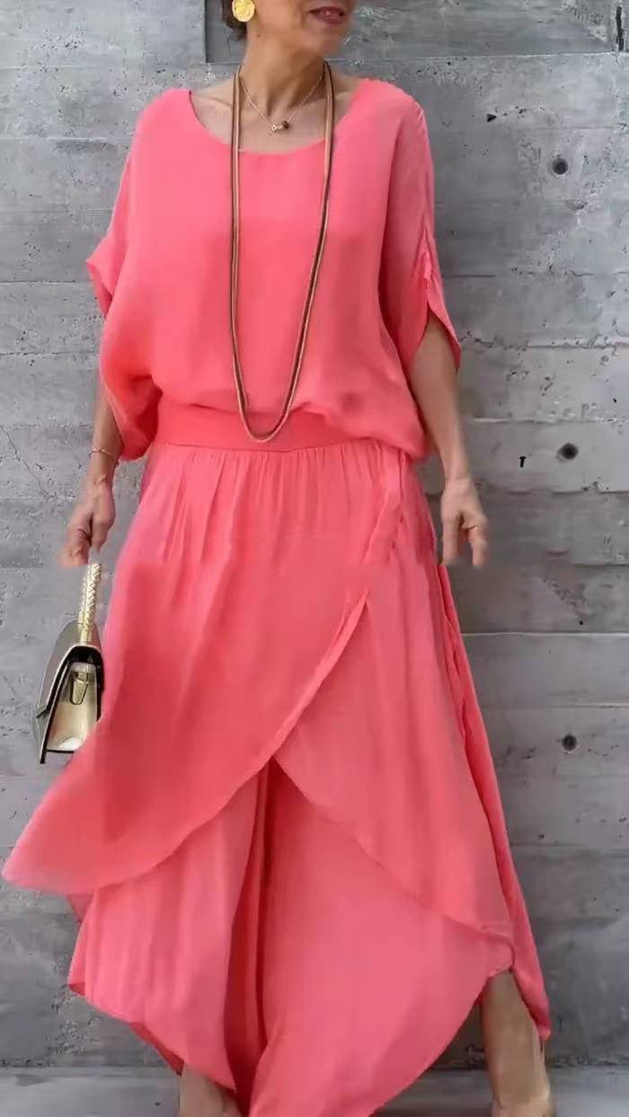 Womens Chiffon Two Piece Set Wide Leg Pants Flowy Ruffle