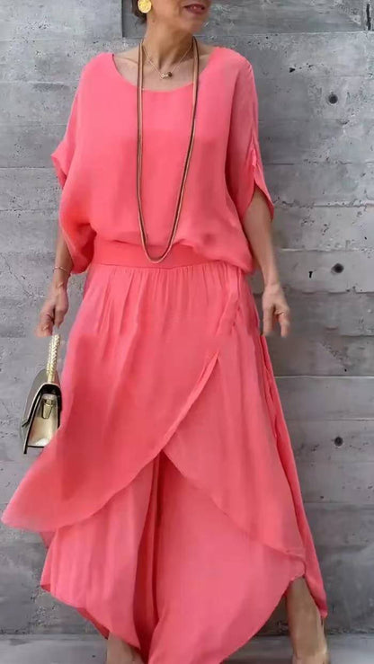 Womens Chiffon Two Piece Set Wide Leg Pants Flowy Ruffle