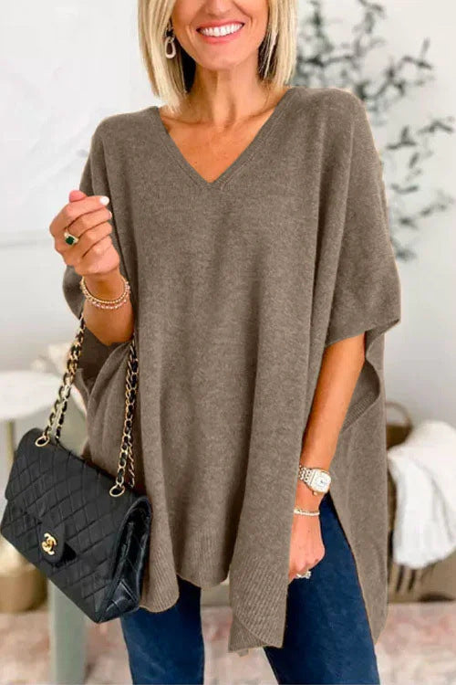 Women's Oversized V-Neck Batwing Sleeve Knit Poncho Sweater