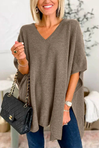 Women's Oversized V-Neck Batwing Sleeve Knit Poncho Sweater