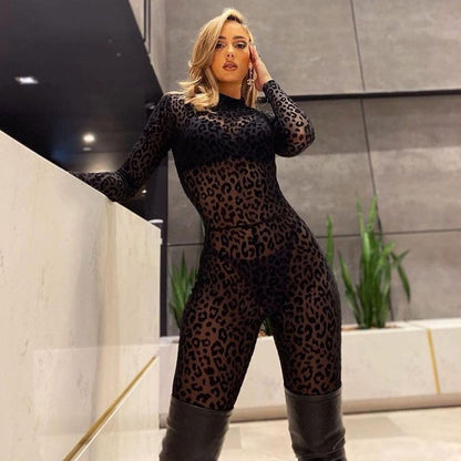 Sexy Sheer Flocked Leopard Mesh Long Sleeve Jumpsuit