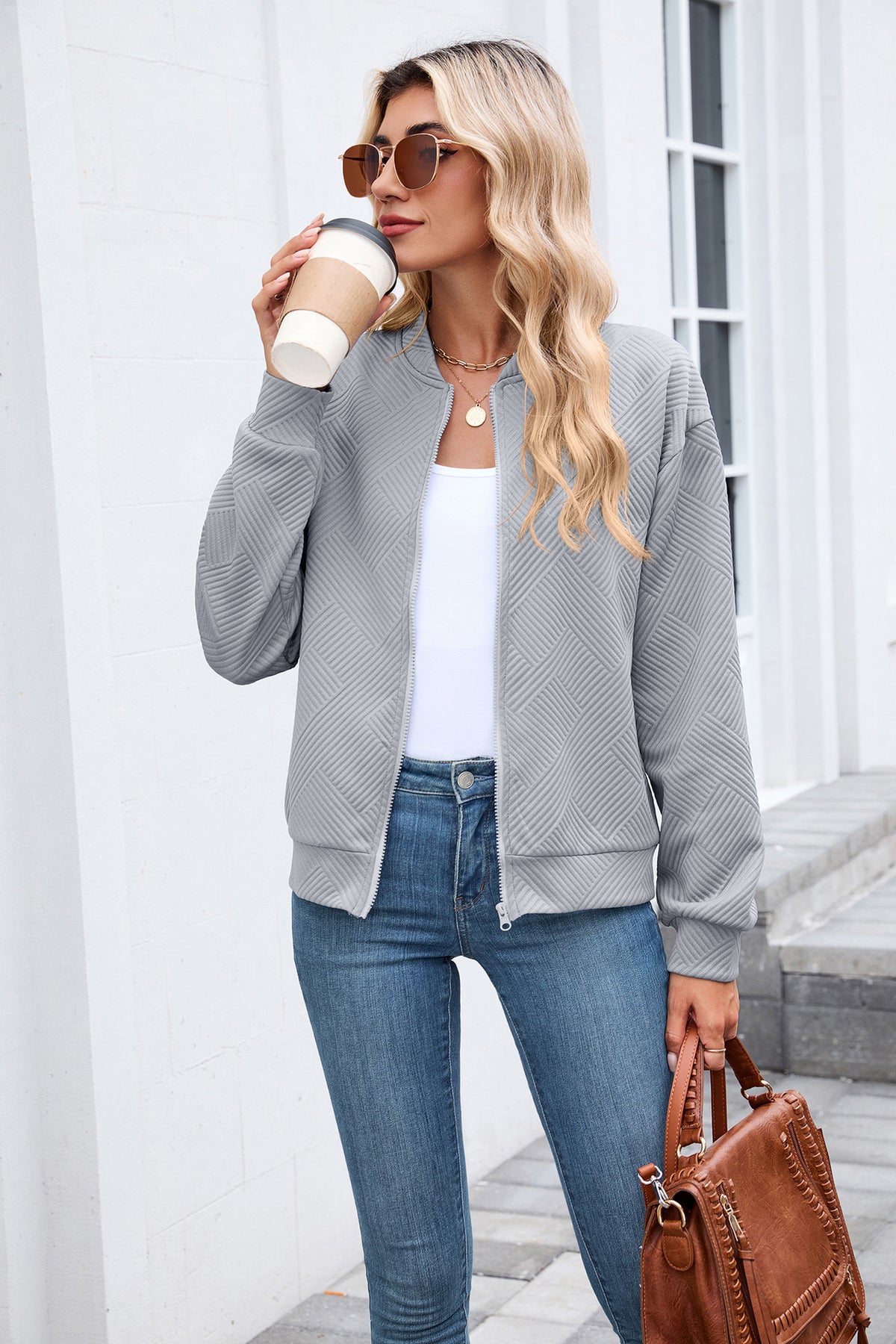 Women's Quilted Zip-Up Bomber Jacket Lightweight Casual