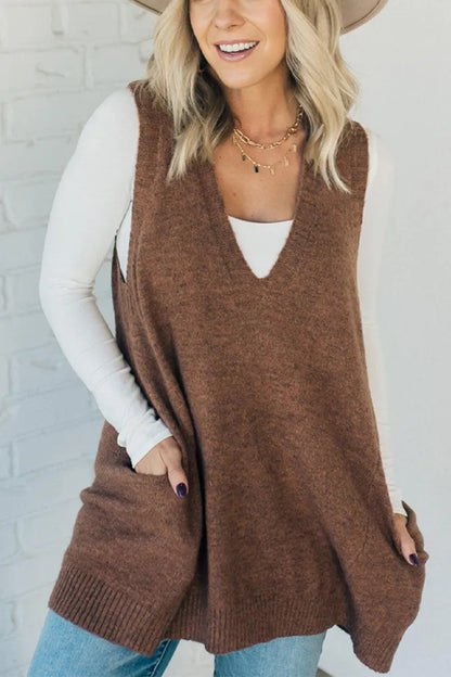 Women's Oversized V-Neck Knit Sweater Vest with Pockets