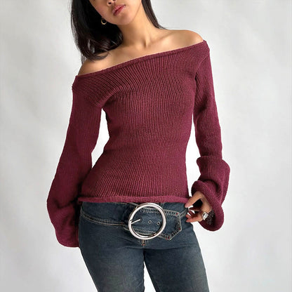 Women's Off Shoulder Ribbed Knit Top Long Sleeve Fitted