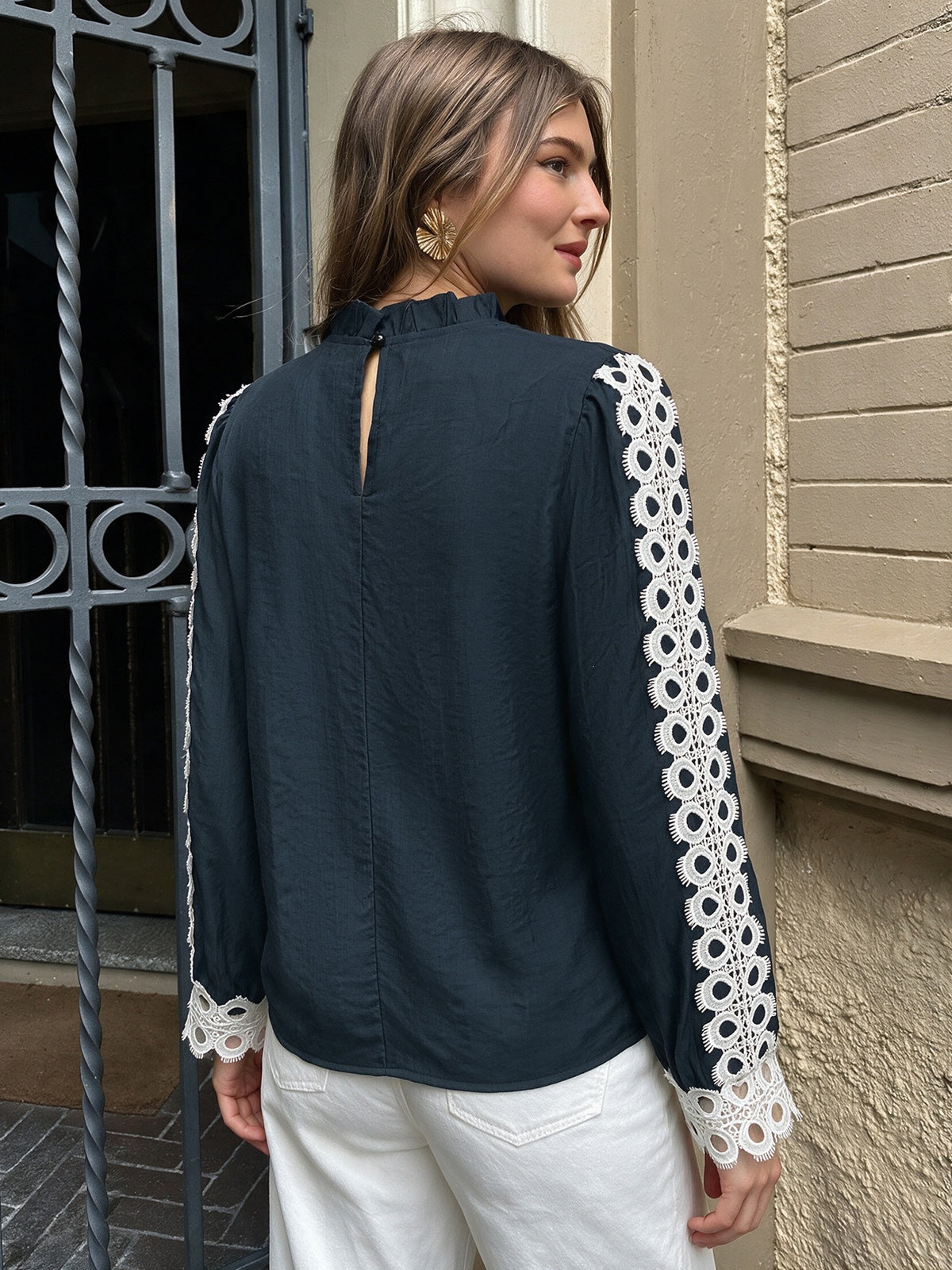 Navy Crochet Lace Long Sleeve Button Up Blouse