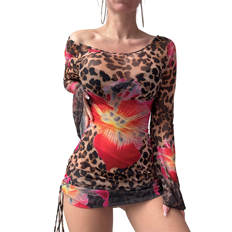 Sexy Sheer Mesh Floral Mini Dress Bell Sleeve