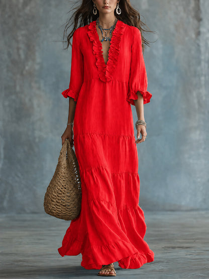 Women's Boho Tiered Ruffle Maxi Dress V-Neck 3/4 Sleeve