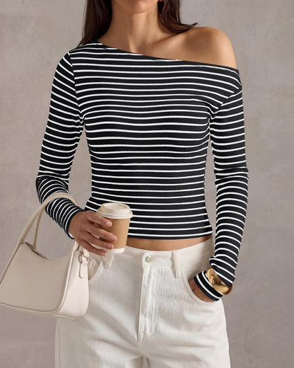 Off Shoulder Striped Long Sleeve Ribbed Knit Top Women