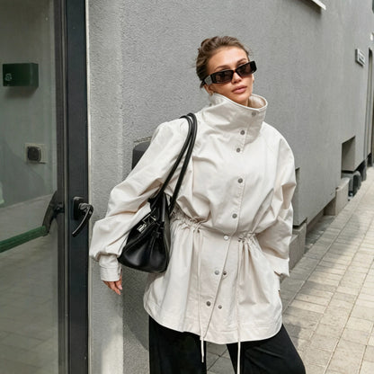Womens Minimalist Stand Collar Drawstring Waist Jacket