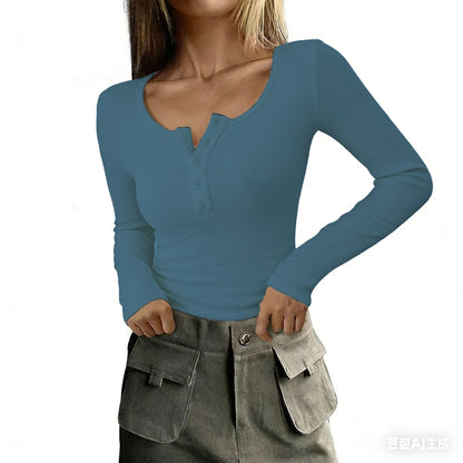Women Square Neck Ribbed Button Sweater Long Sleeve Top