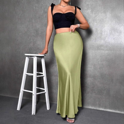 Women's Satin Maxi Skirt High Waist Flowy