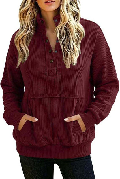 Corduroy Henley Sweatshirt Women Long Sleeve Button Pocket