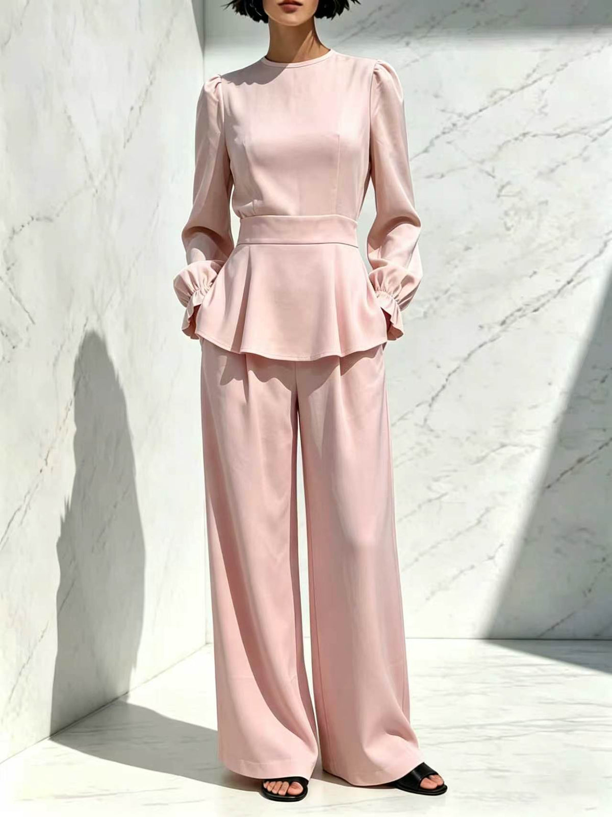 Women's Puff Sleeve Peplum Top Wide Leg Pants Set