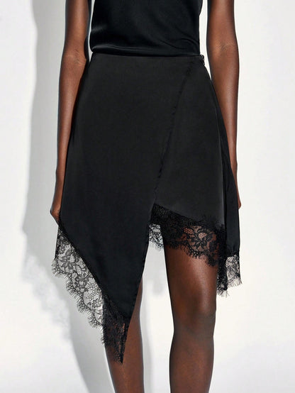 Lace Trim Asymmetrical Satin Midi Skirt Elegant A Line