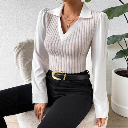 Collared V Neck Mixed Media Long Sleeve Knit Top