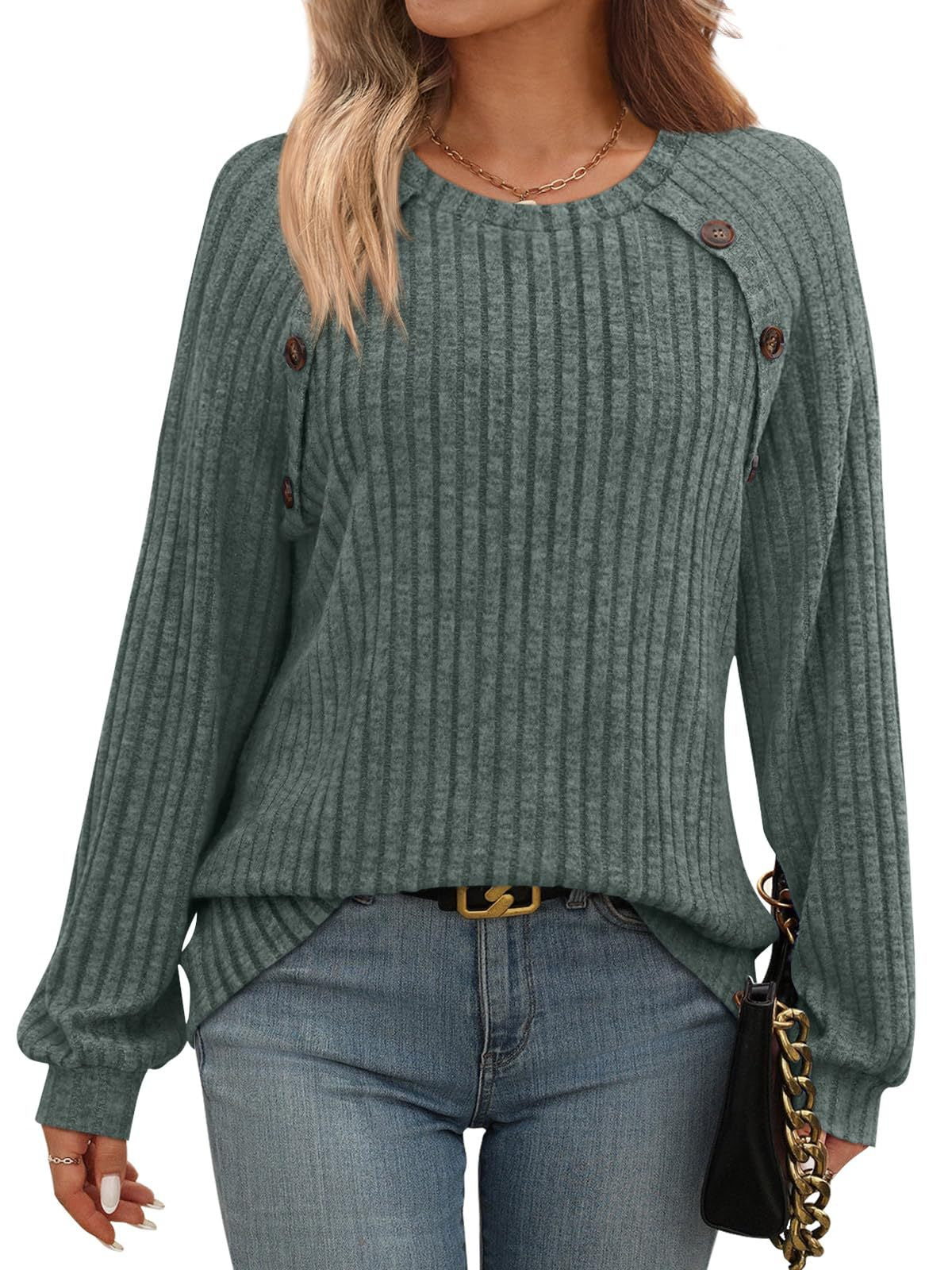 Ribbed Knit Crewneck Sweatshirt with Button Detail