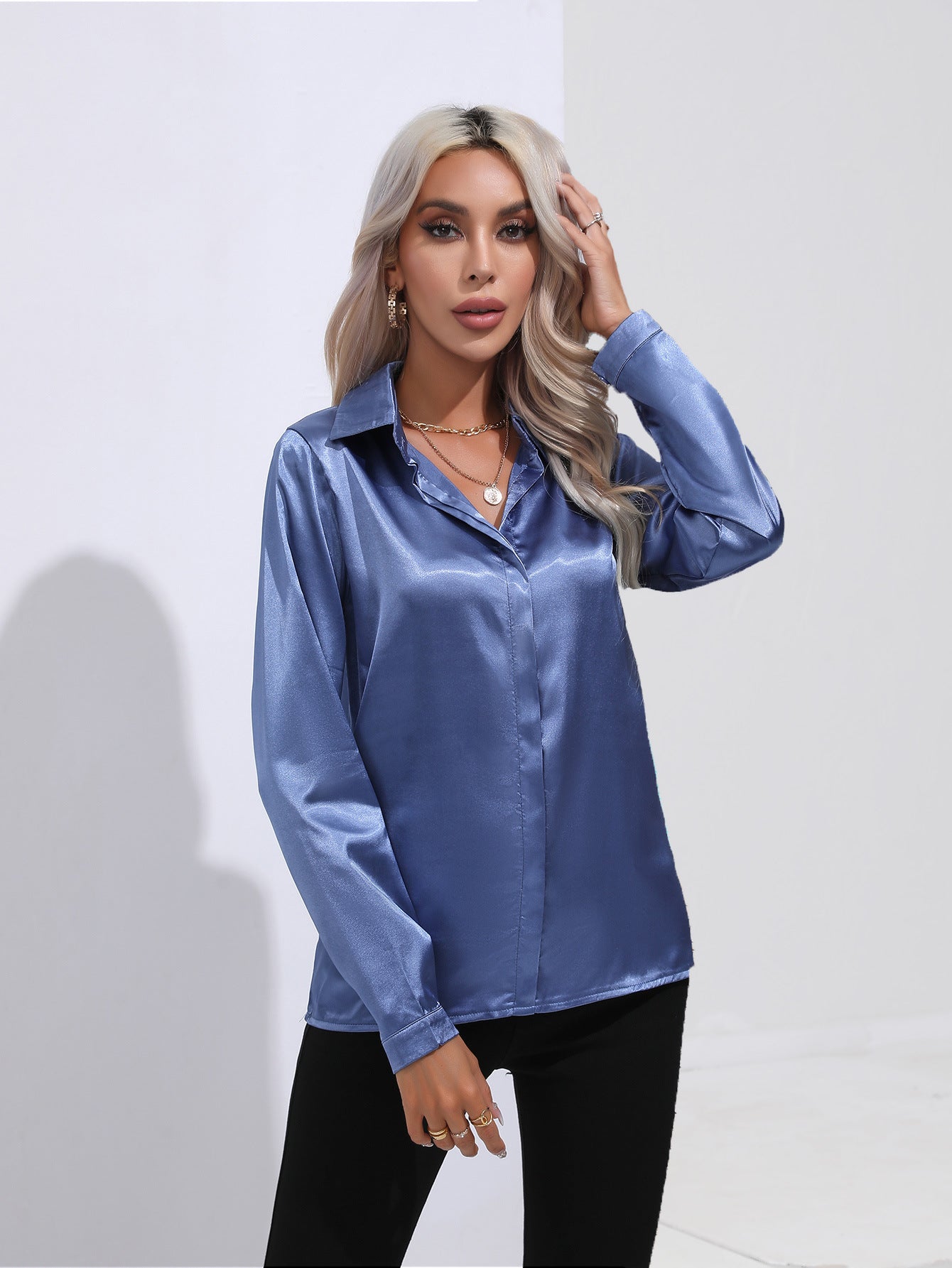 Women's Satin Long Sleeve Collared Blouse