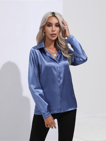 Women's Satin Long Sleeve Collared Blouse