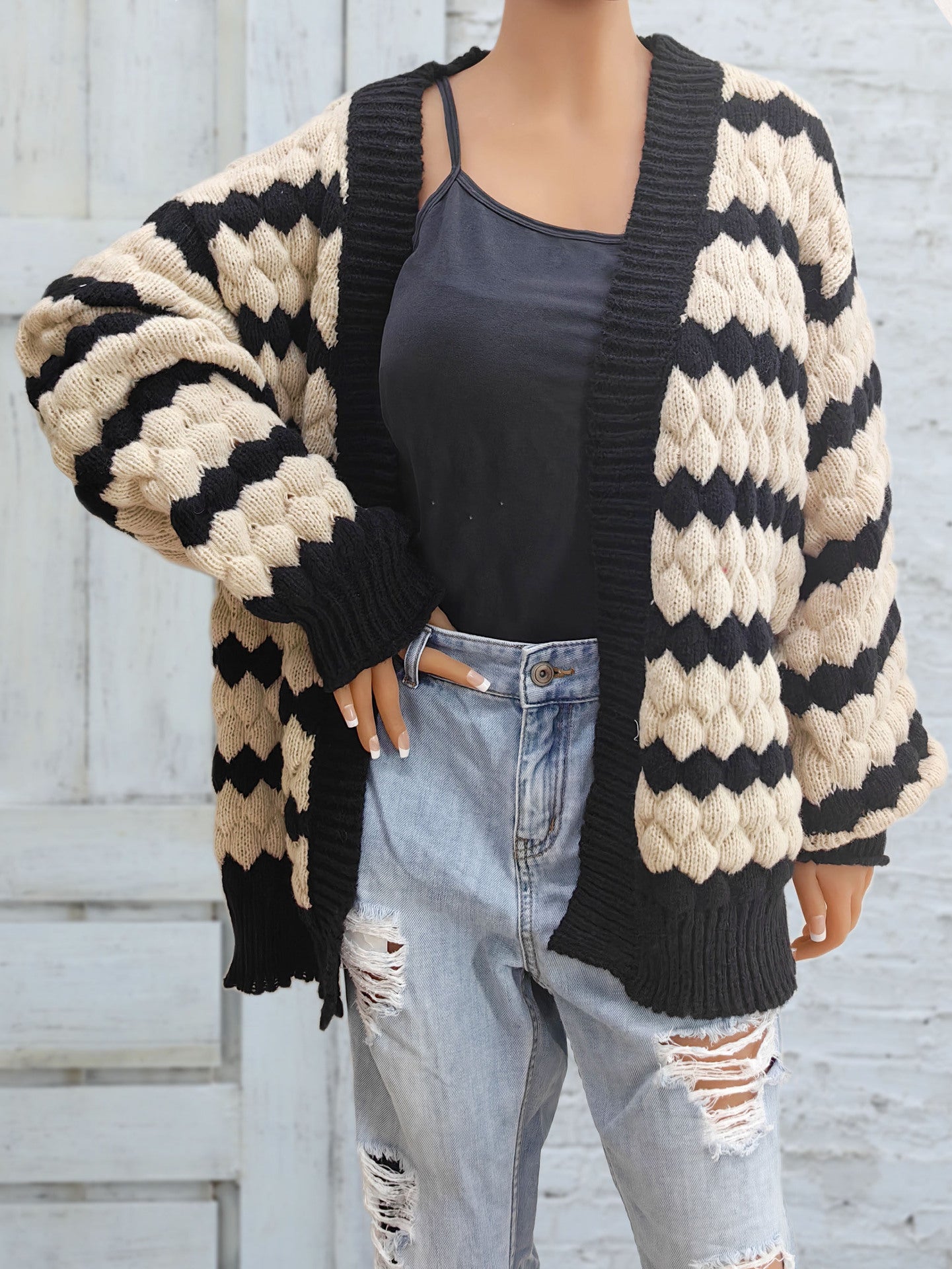 Women's Three-dimensional Contrasting Color Splicing Striped Cardigan Sweater