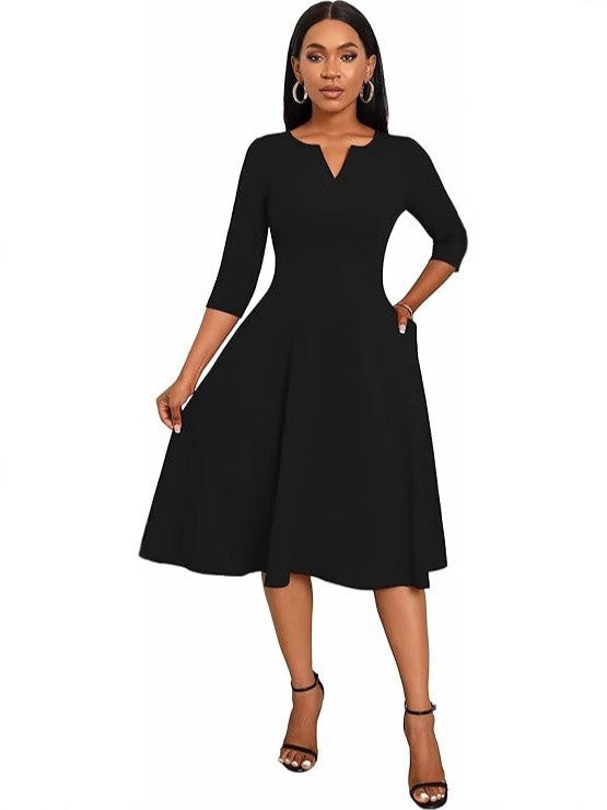 Women's 3/4 Sleeve V-Neck A-Line Midi Dress Wedding Guest