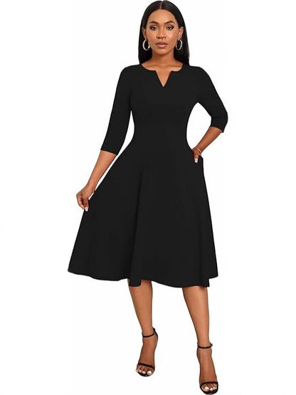Women's 3/4 Sleeve V-Neck A-Line Midi Dress Wedding Guest