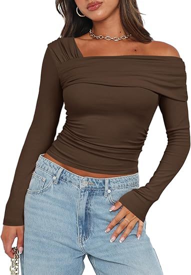 Women's One Shoulder Ruched Long Sleeve Crop Top Y2K