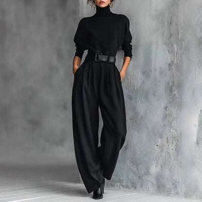 Women's Two Piece Set Turtleneck Wide Leg Pants with Belt
