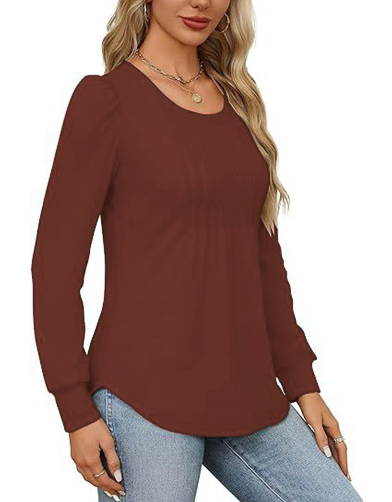 Solid Cotton Pintuck Blouse Long Sleeve Work Top