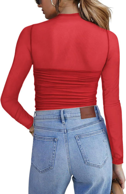 Y2K Mesh Semi-Turtleneck Long Sleeve Sexy T-Shirt
