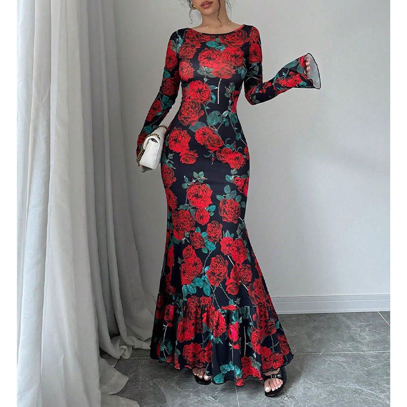 Women's Rose Print Bell Sleeve Bodycon Maxi Dress