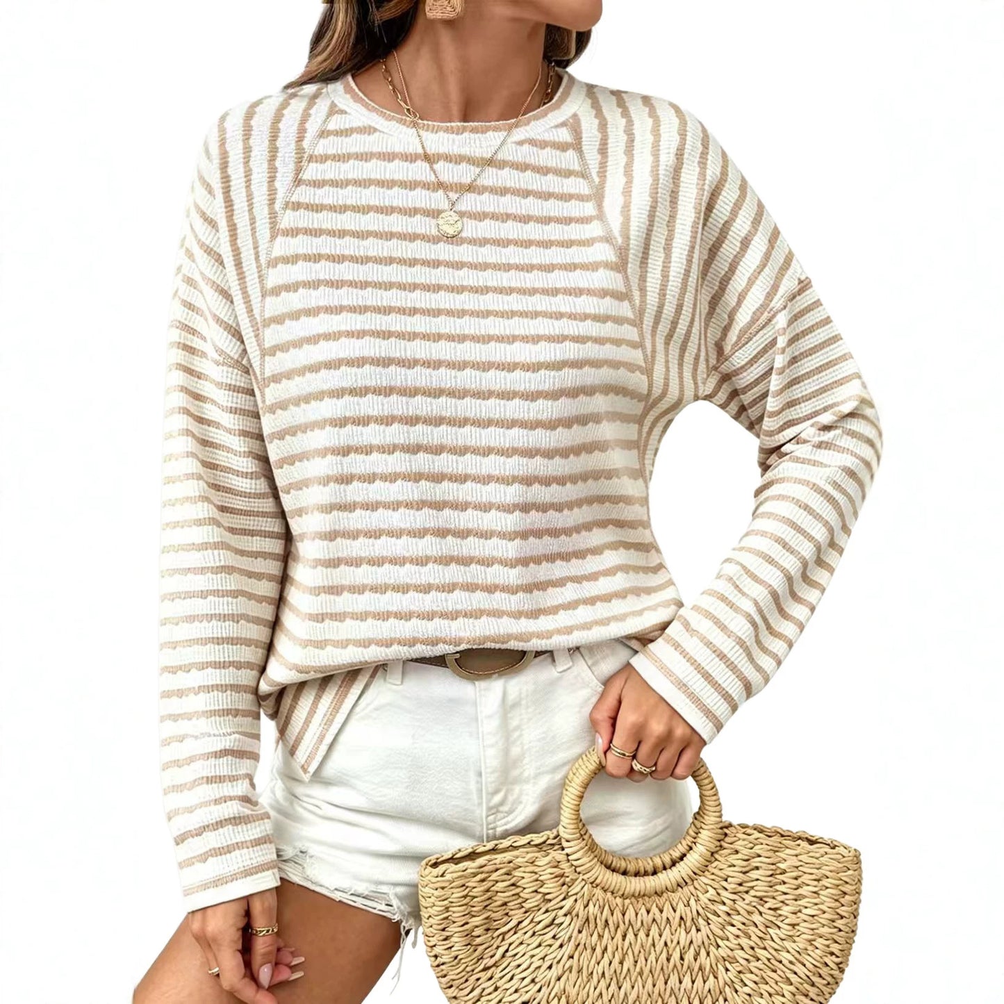 Textured Striped Long Sleeve Pullover Casual Knit Top
