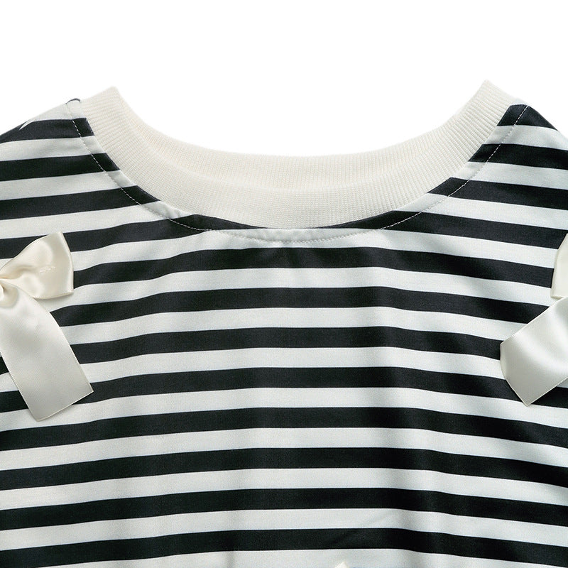 Striped Bow Sweatshirt Crew Neck Oversized Pullover
