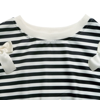 Striped Bow Sweatshirt Crew Neck Oversized Pullover
