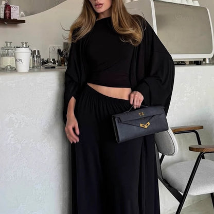 Women's 3 Piece Lounge Set Crop Top Wide Leg Pants Duster