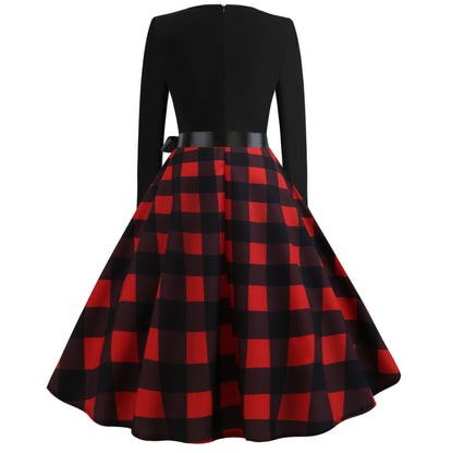 Vintage Plaid Long Sleeve Fit and Flare Midi Dress