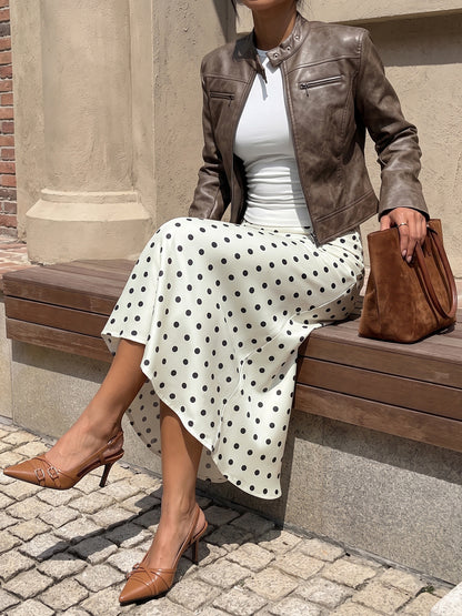 Polka Dot Satin Midi Skirt Mermaid Hem A Line