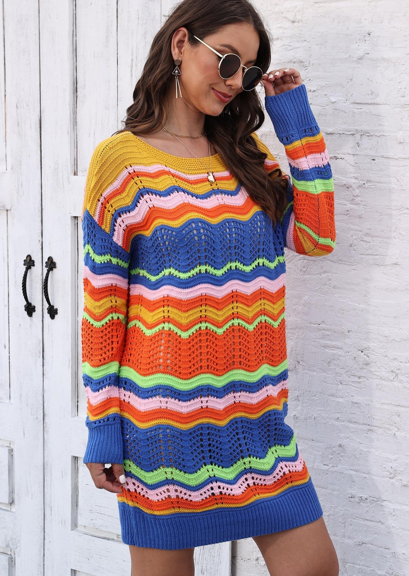 Women's Dress Rainbow Pattern Patchwork Striped Sweater Skirt