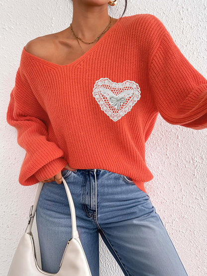 V Neck Knit Pullover Sweater with Lace Heart Detail