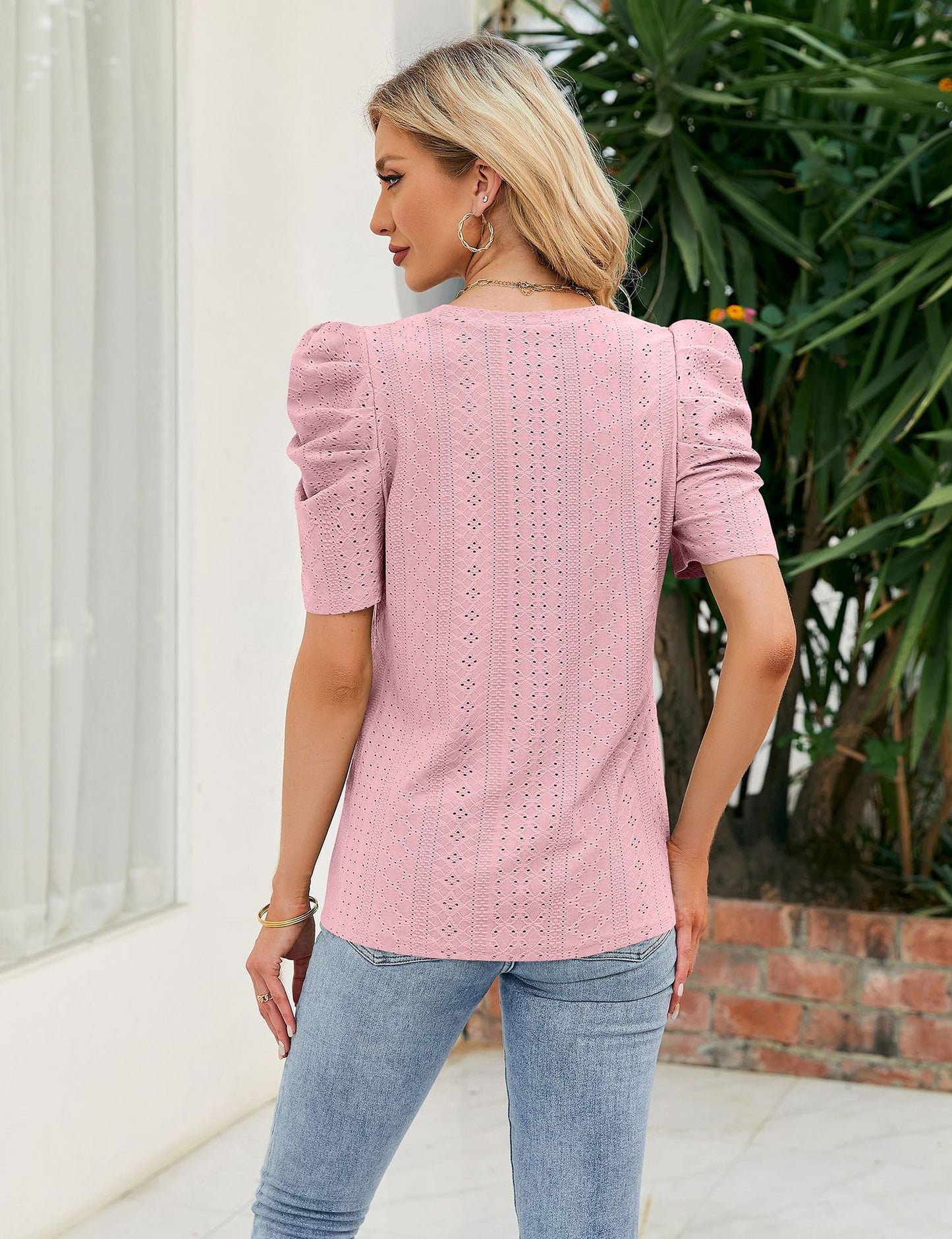 Loose Fit Ruched Sleeve Lace Knit T-Shirt for Women