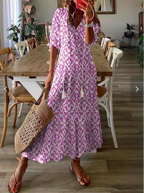 Women's Boho Floral V-Neck Tassel Maxi Dress Flowy