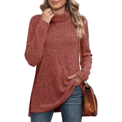 Oversized Ribbed Turtleneck Tunic Top Side Split