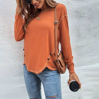 Women's Side Button Long Sleeve Curved Hem Tunic Top