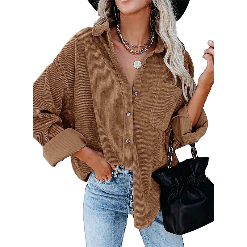 Oversized Corduroy Button-Down Shirt with Chest Pocket