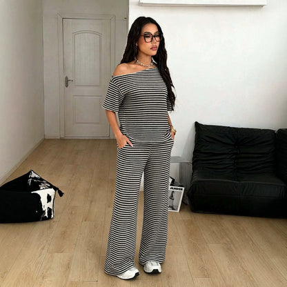 Striped Off Shoulder Knit Set Wide Leg Pants