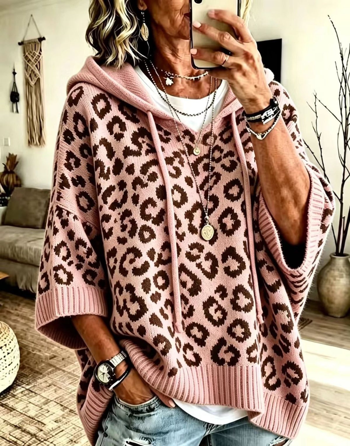 Oversized Leopard Print Hooded Knit Sweater Pullover