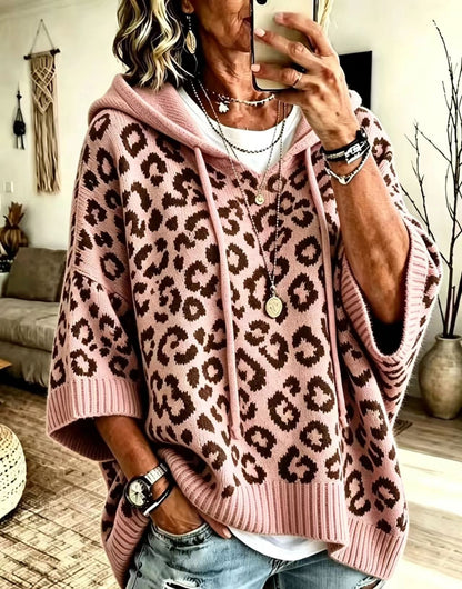 Oversized Leopard Print Hooded Knit Sweater Pullover