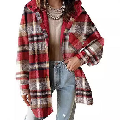 Women's Plaid Flannel Hooded Shacket Jacket